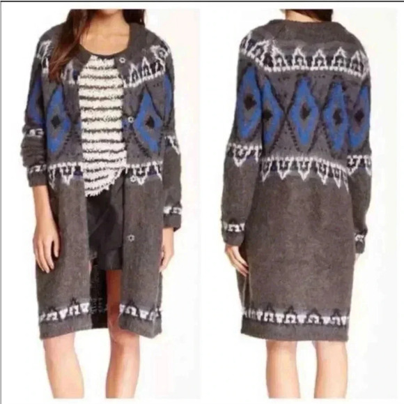 Free People Frosted Fair Isle Mohair/Wool Blend Long Cardigan Sweater Shacket(S) - Picture 1 of 11